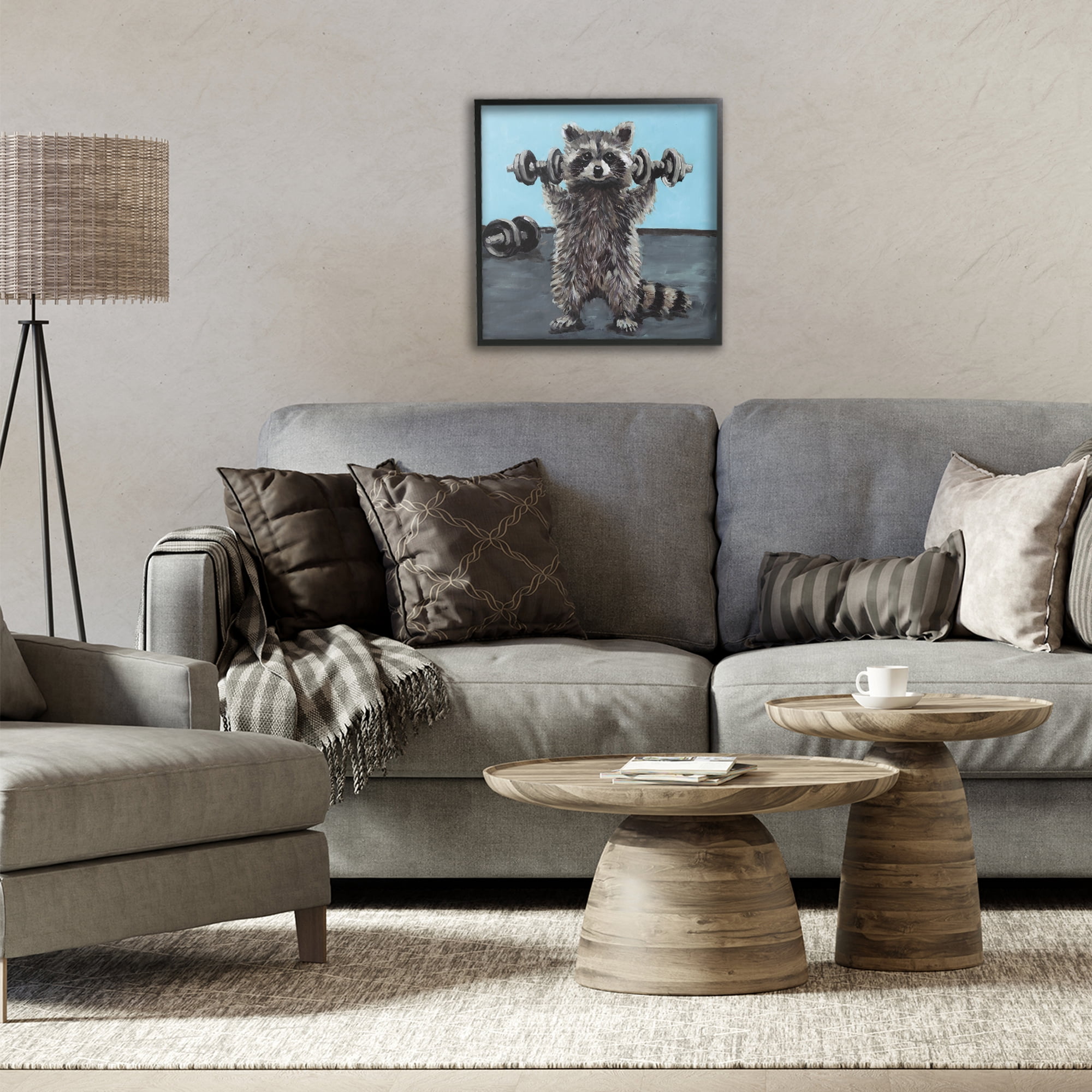 Fitness Raccoon with Weights Black Framed Giclee Art, design by Studio Bautista