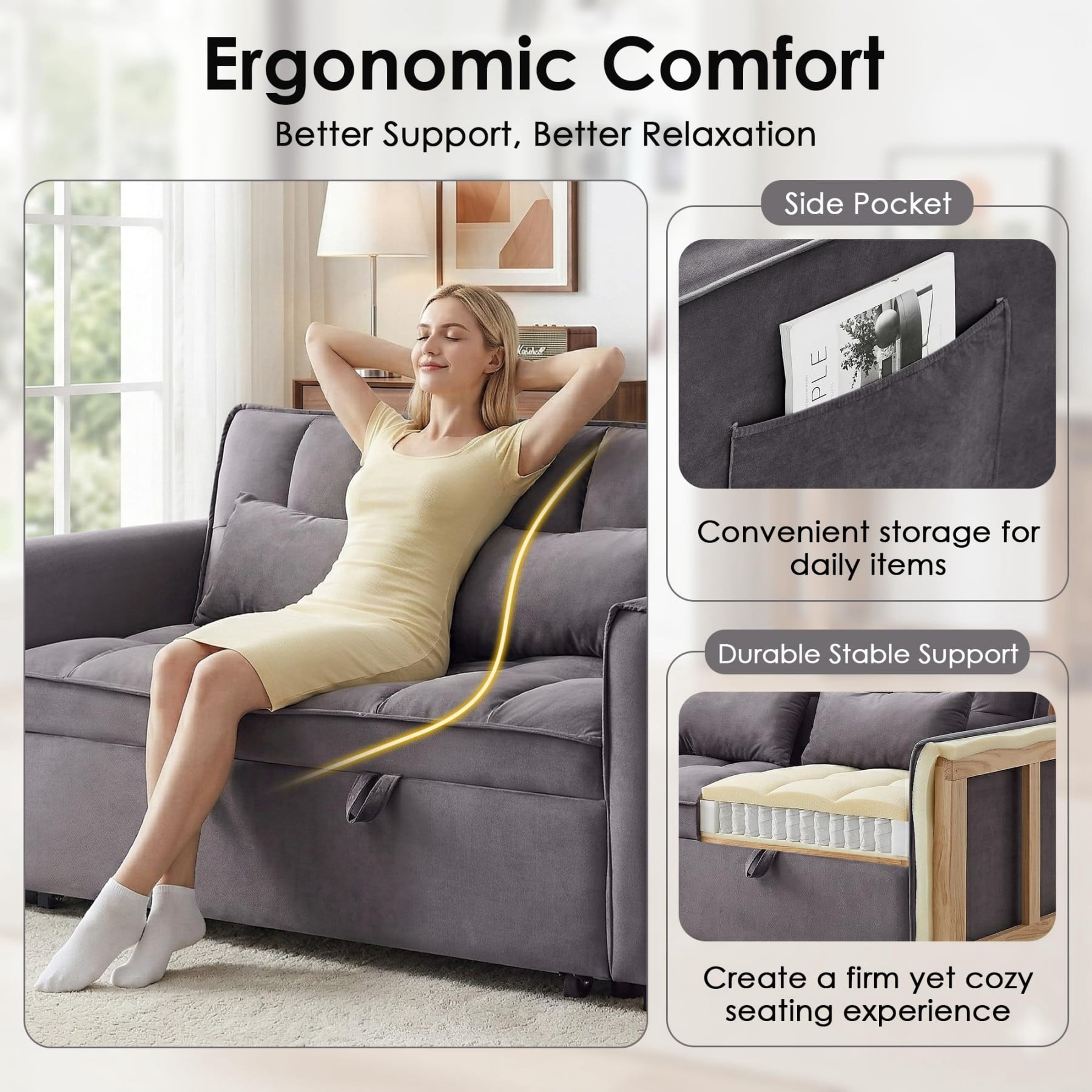 54" 3 in 1 Convertible Velvet Sofa Bed, 3 Position Foldable Sleeper Couch with Adjustable Backrest & Pillows, Dark Gray