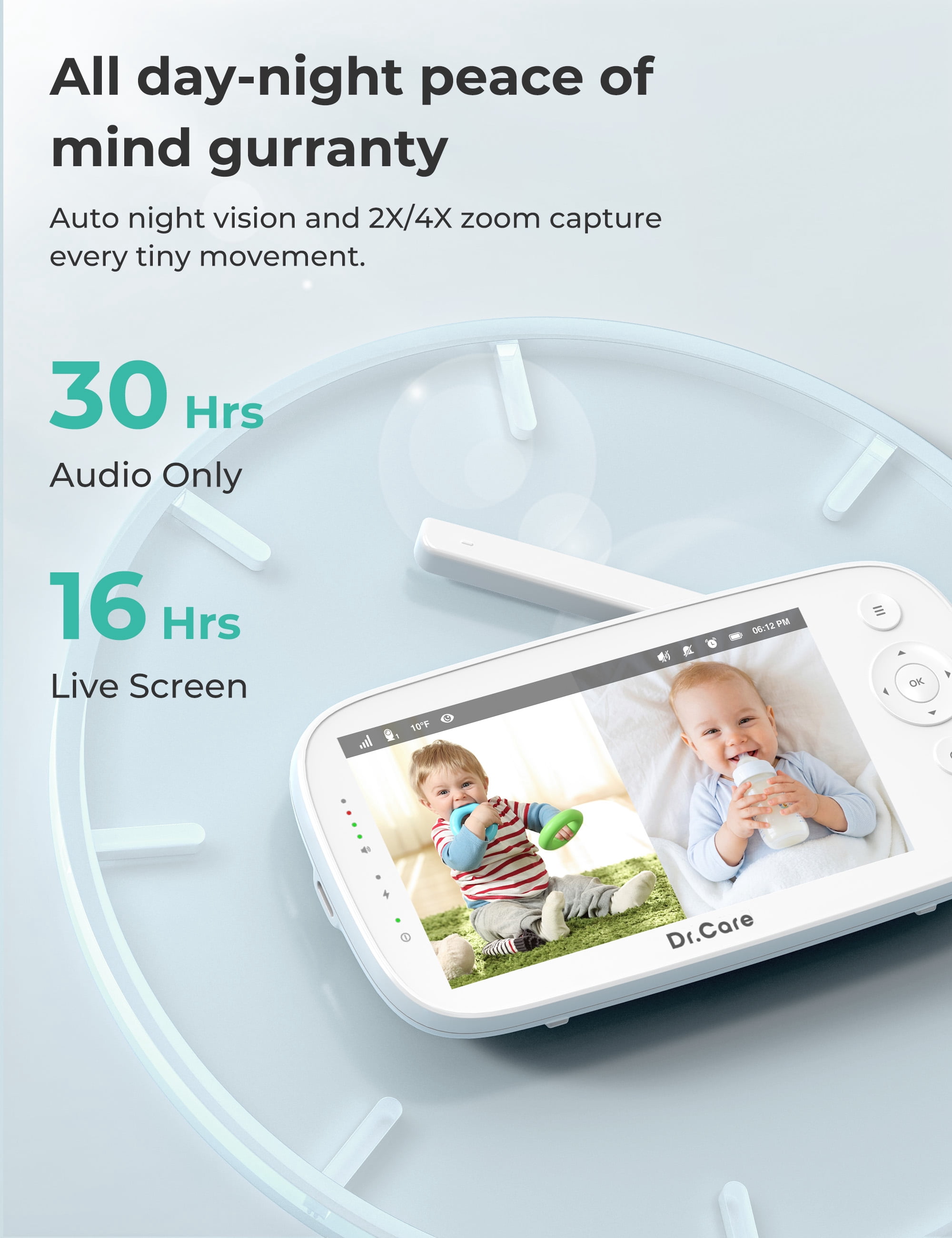 Dr.Care 5" 1080P Split-Screen Video Baby Monitor, Clear Night Vision, 5000mAh Battery, Real-Time/VOX, 2X/4X Zoom, 2-Way Audio, No WiFi Baby Camera