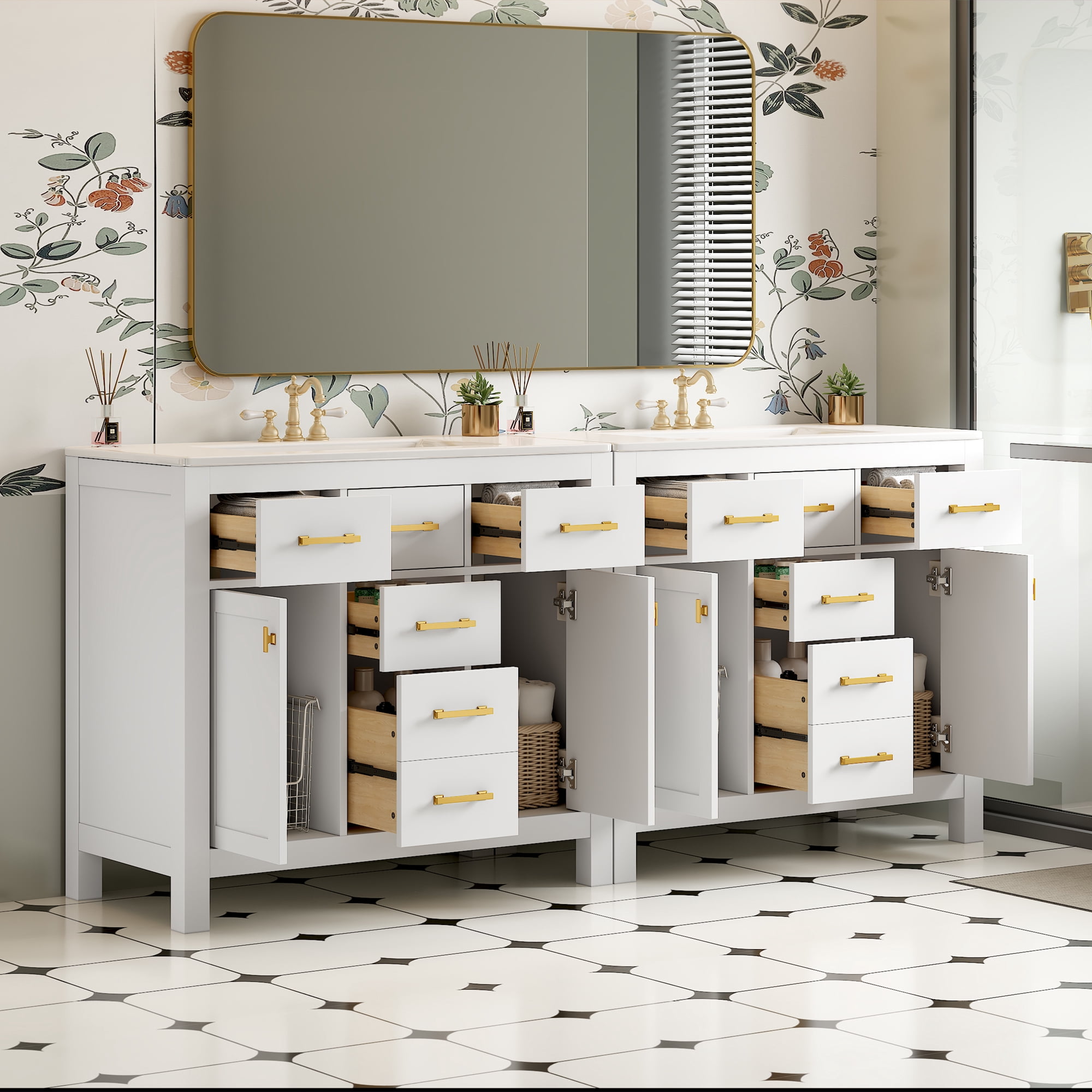 Euroco 72'' Bathroom Vanity with Ceramic Sink Combo Set, Modern Freestanding Single Bathroom Cabinet with 4 Drawers & 2 Cabinets,Storage Cabinet for Bathroom