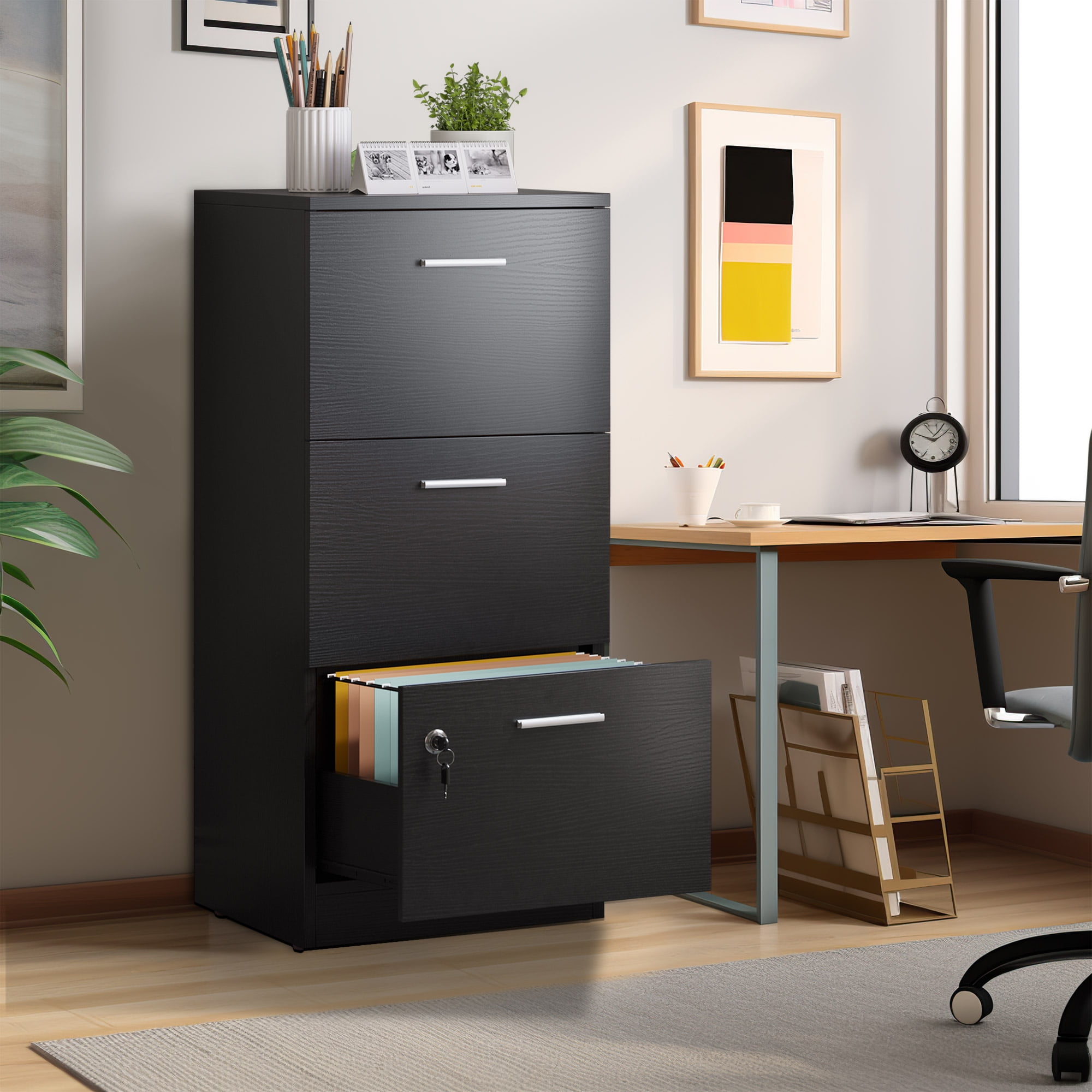 DEXTRUS 3-Drawer Wood File Cabinet with Lock,15.82" Vertical Filing Cabinet for Letter A4-Sized Files, Chest Organizer Office Storage, Black