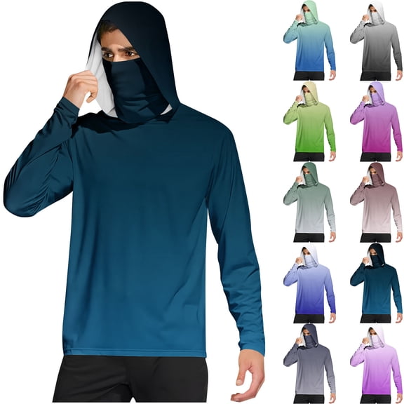 UVEASISHA Sun Hoodie Men with Face Mask & Thumb Holes Lightweight Long Sleeve Fishing Shirts Summer SPF Rash Guard UV Protection Hiking Hooded Shirt Blue M
