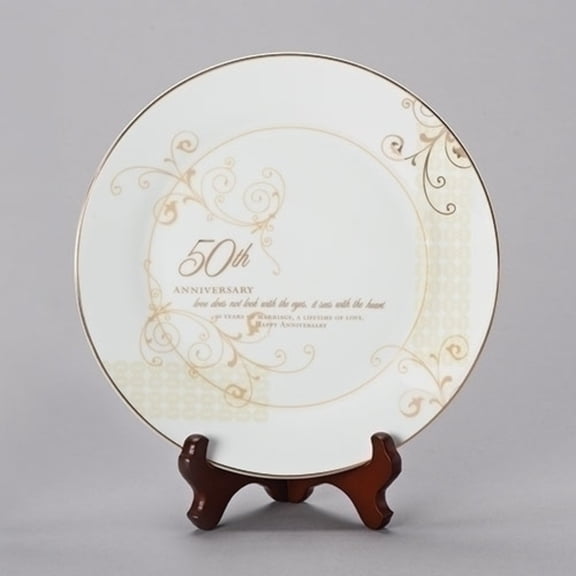 Set of 2 White and Brown 50th Anniversary Plate with Stand 9.25"