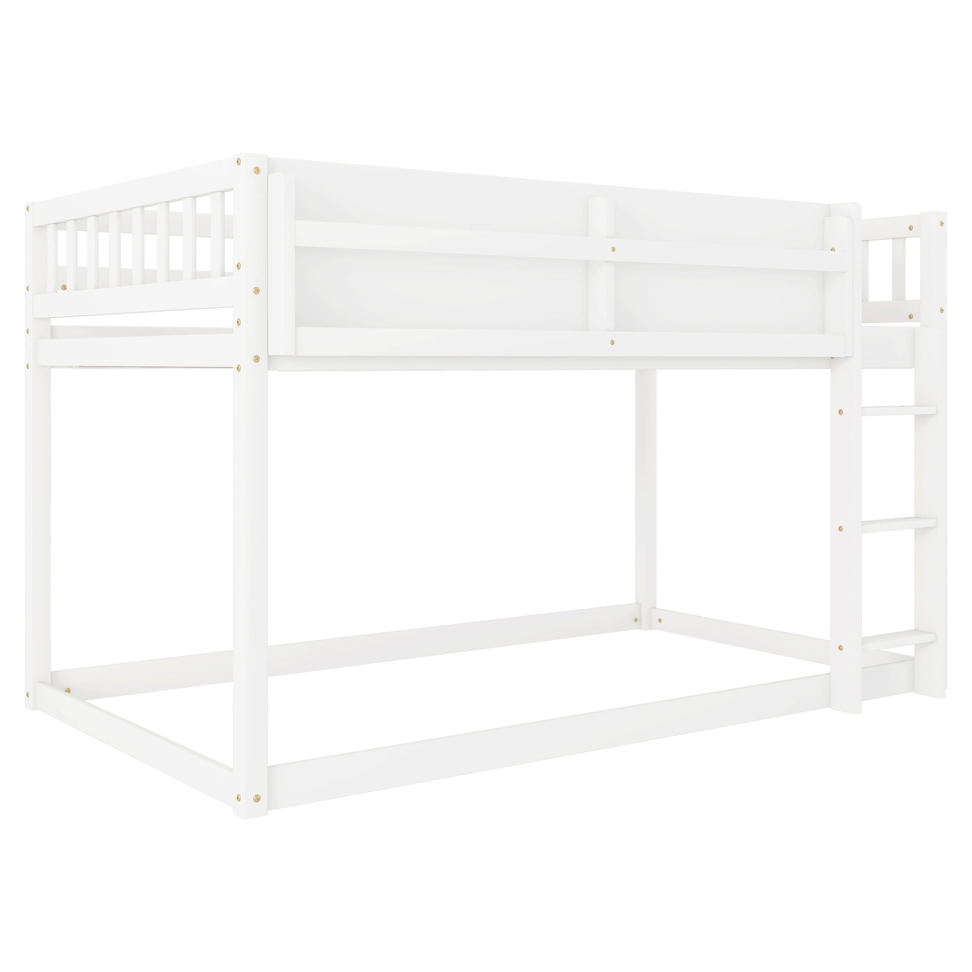 Low Bunk Bed, Twin Over Twin Low Bunk Bed - Solid Wood Frame with Ladder and Guardrail, Converts to Loft Bed or Floor Bed, Space Saving for Small Rooms, Easy Assembly, White