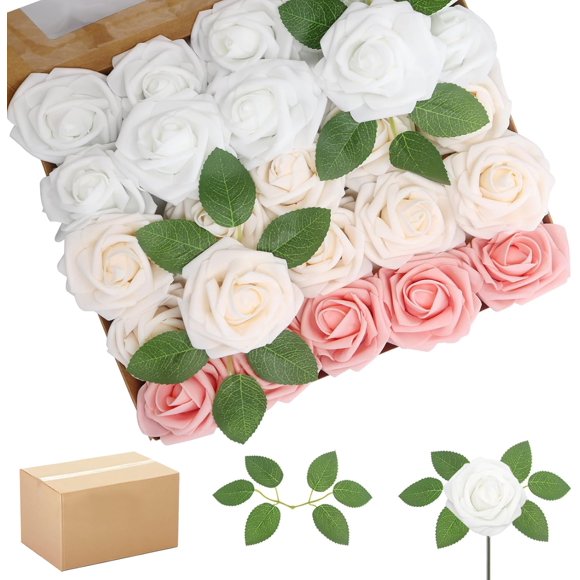 200PCS Artificial Flowers Champagne Mixed Series Roses Real Looking Foam Fake Roses with Leaves for DIY Wedding Bouquets Bridal Shower Centerpieces Party Decorations