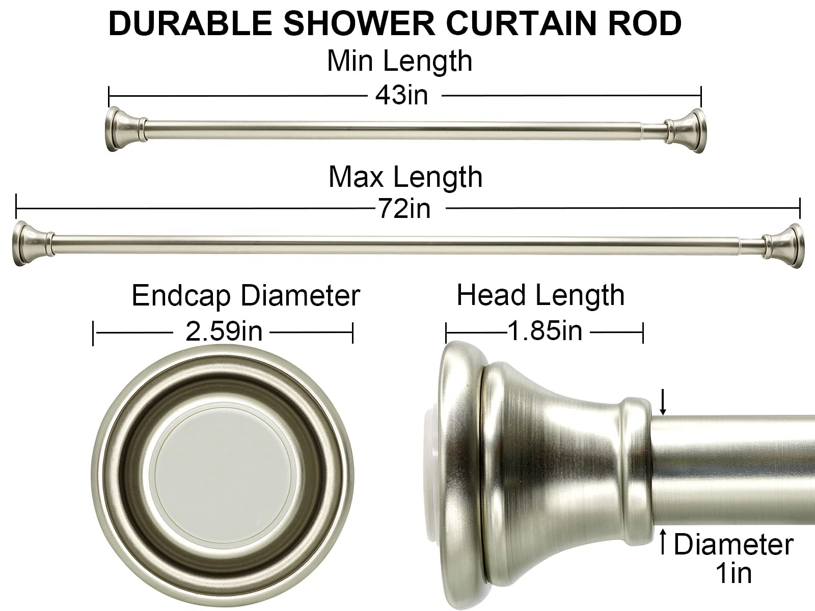 BloomFlower Nickel Shower Curtain Rod, 43-72 inches, Brushed Nickel ,Never Rust , Metal Rod,Spring Tension