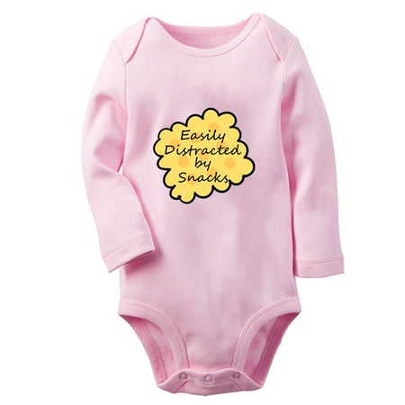 iDzn Easily Distracted by Snacks Funny Rompers, Newborn Baby Unisex Bodysuits, Infant Jumpsuits, Toddler Kids Long Sleeve Oufits (Pink, 0-6 Months)