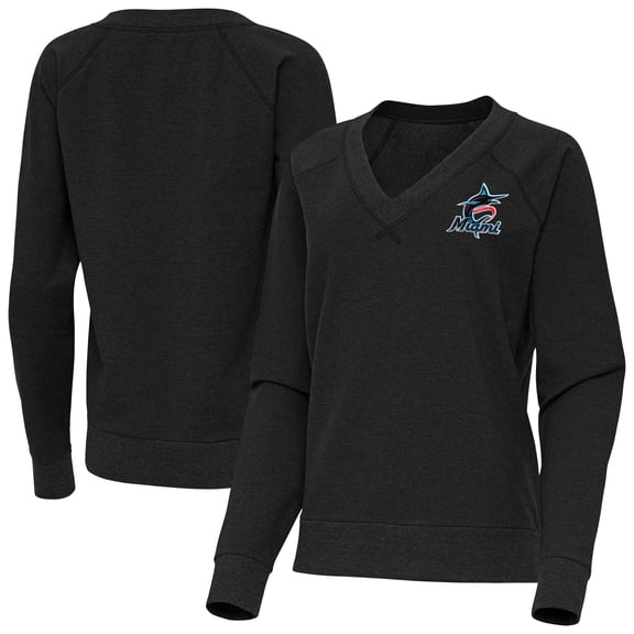 Women's Antigua Heather Black Miami Marlins Varsity Tri-Blend V-Neck Long Sleeve T-Shirt
