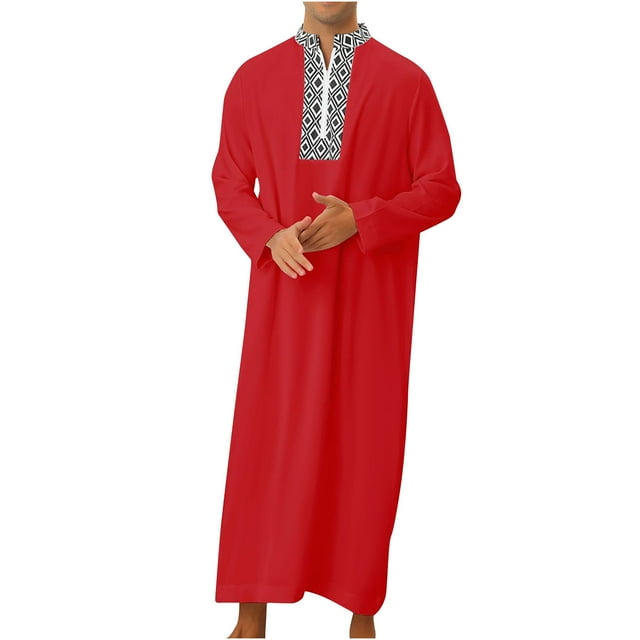 PEZHADA Ensemble de Robe Musulmane pour Homme Robe Arabe Mi-Longue Motif Broderie Manches Longues Col Montant Fermeture Éclair Robe Décontractée Rouge