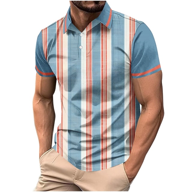 Blusa y camisa de manga corta con cuello vuelto para hombre, informal, de color liso, a rayas, con botones y estampado, blusa para hombre