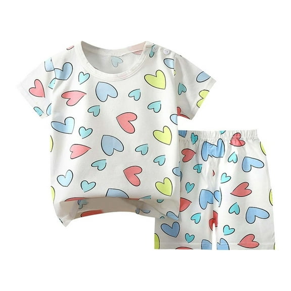 Uxgjfwu Toddler Outfit Kids Summer Clothing Round Neck Short Sleeve Shirt Printed Shorts Sets Casual Homewear Set