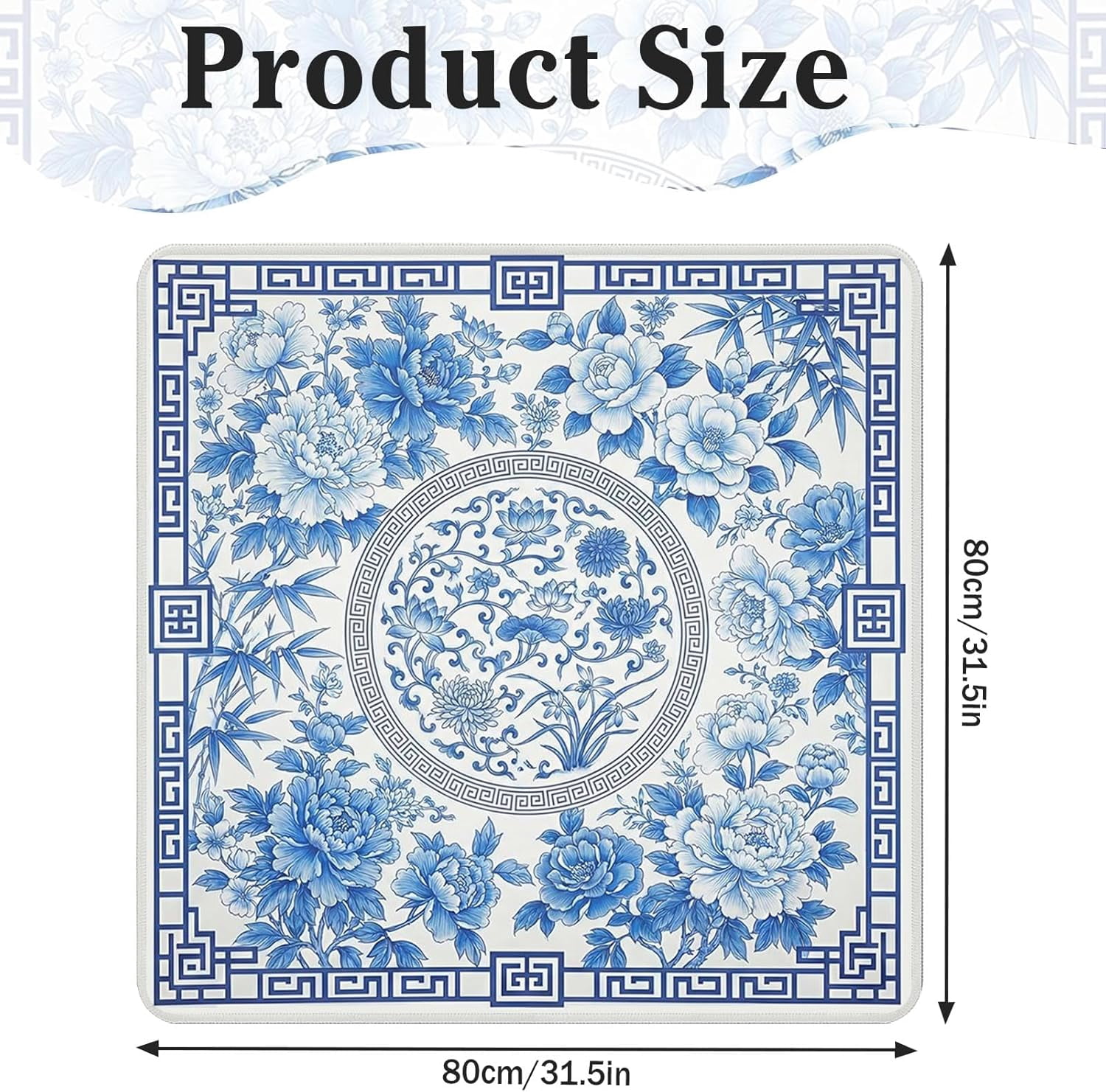 Mahjong Mat with Black Carrying Bag Big Floral Blue Vintage Non-Slip Noise Reduction Gaming Mat 31.5" x 31.5" Rubber Multi Purpose Game Table Cover for Mahjong Card Dominoes Board Tile Games