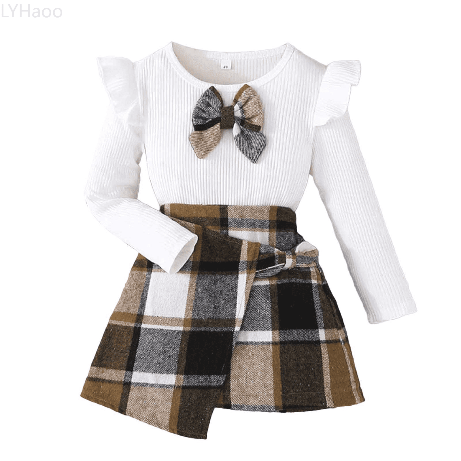 Girls Skirt Sets Top + Plaid Skirt For Girls Fashionable Plaid Skirt For 2 7 Years Old Sizes 5-6 Years(White)