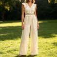 thumbnail image 2 of TEAJOPSUU Womens Jumpsuits Ruffle Sleeveless Lace Trim Wide Leg Jumpsuits Relaxed Fit Casual Romper for Vacation Beach Everyday Beige, 2 of 5