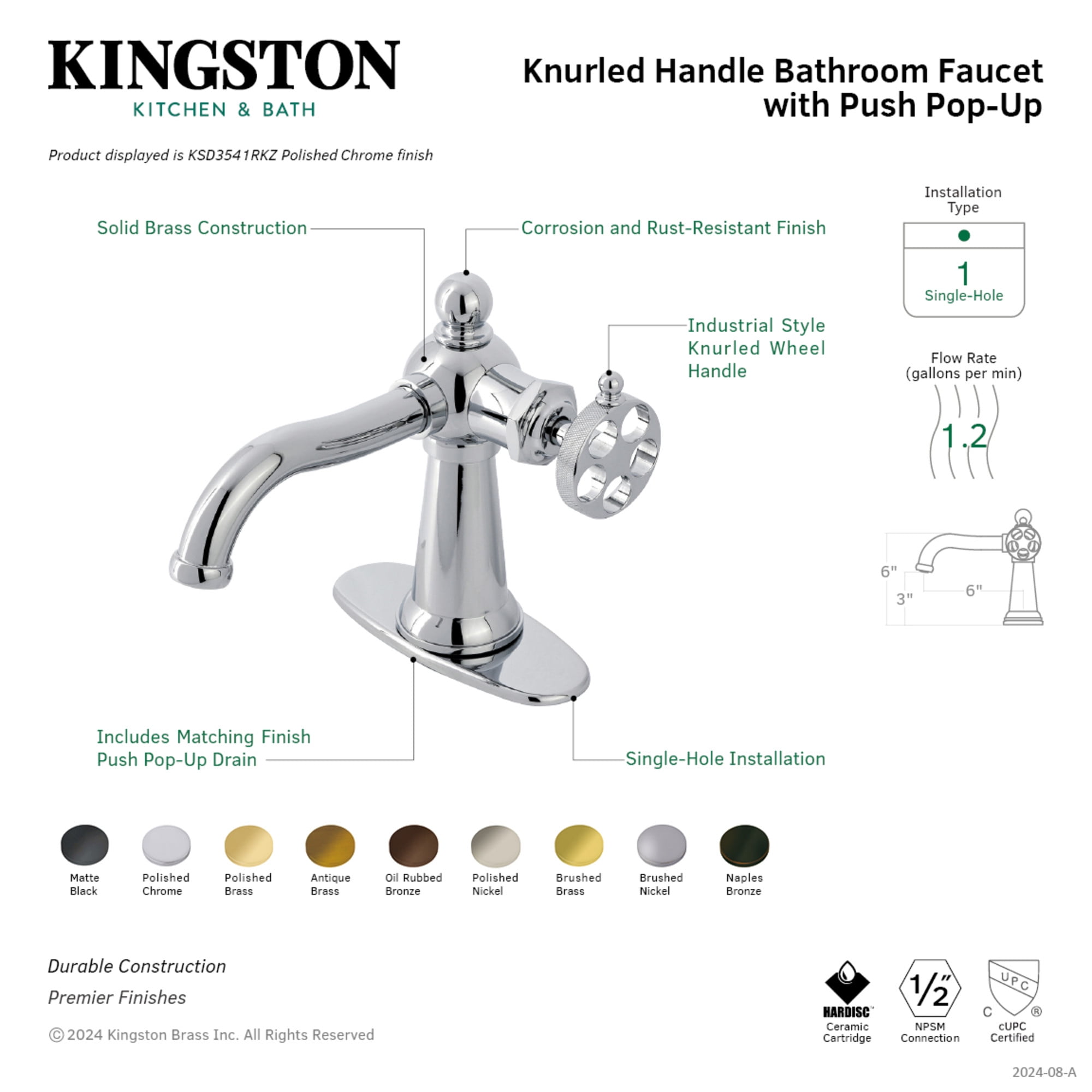 Kingston Brass KSD3548RKZ Wendell One-Handle Single-Hole Bathroom Faucet with Knurled Handle and Push Pop-Up Drain, Brushed Nickel