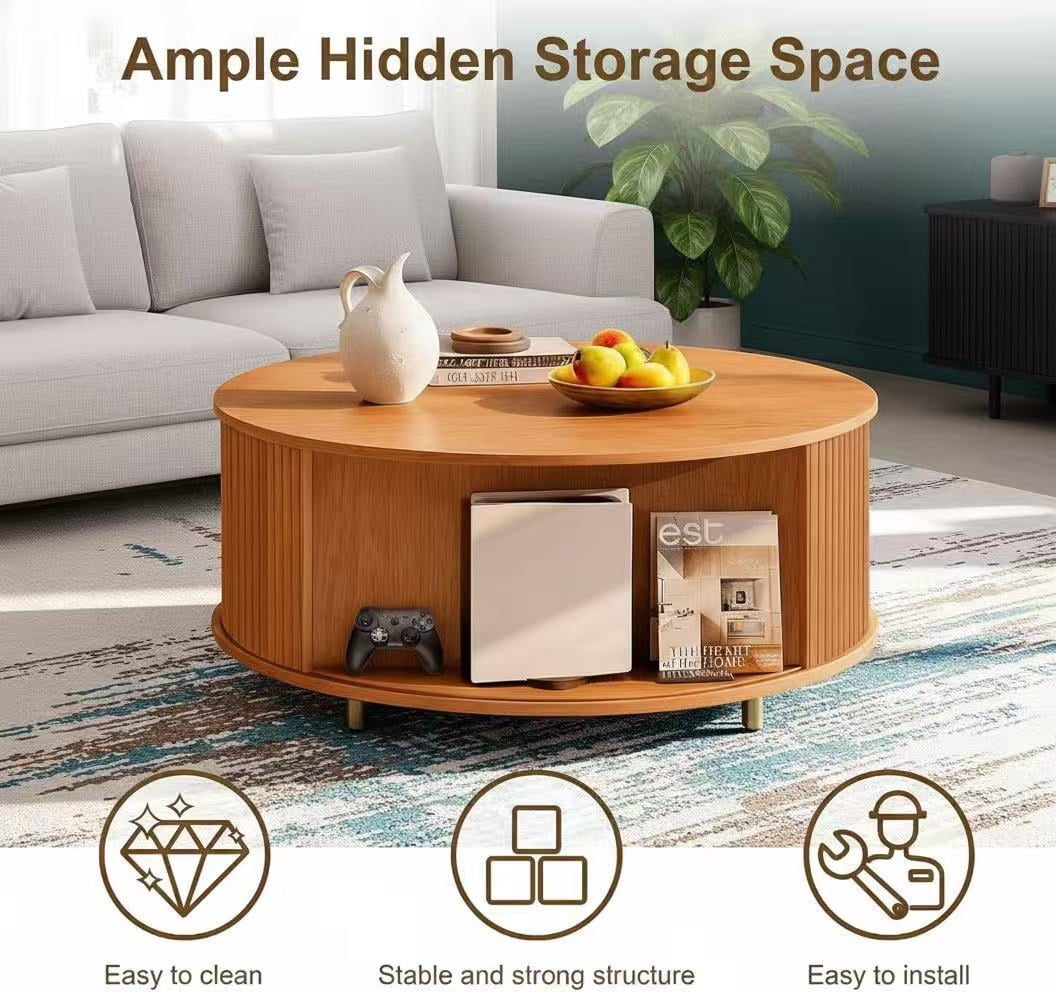 AISWORD Round Coffee Table with 360° Sliding Door, Fluted Accent Coffee Table with Storage Adjustable Footpads for Living Room, Yellow