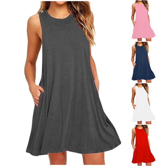 Gspmoly Robes d'Été pour Femmes 2025, Mode Femmes Été Uni Décontracté Col Rond Manches Courtes Robe Mini Robe de Cocktail Économies d'Été Liquidation