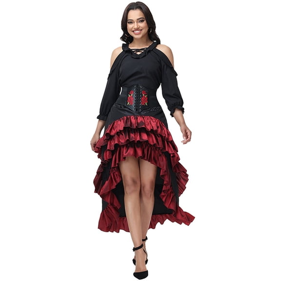 Pirate Cosplay, Pirate Costume, Pirate Outfit, Pirate Costume Women Outfit With Renaissance Pirate Shirt Skirt Corset Waist Belt Womens Halloween Pirate Costumes-Long Skirt Top Waist Waist, Black L