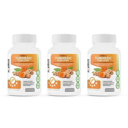 Turmeric Capsules (95% Curcumin) 1300mg Supplement with BioPerine - Anti-Inflammatory and Antioxident - Pain Relief Support Pills – 3 Pack – Money Back
