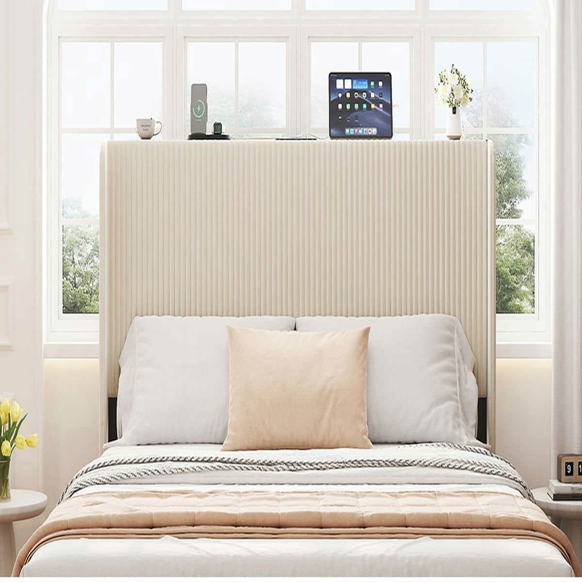 Barara King Bedroom Bed Frame, Bed Platform Frame,Queen Size Platform Bed, Metal Bed Frame with Charging Station, No Box Spring Needed, Beige