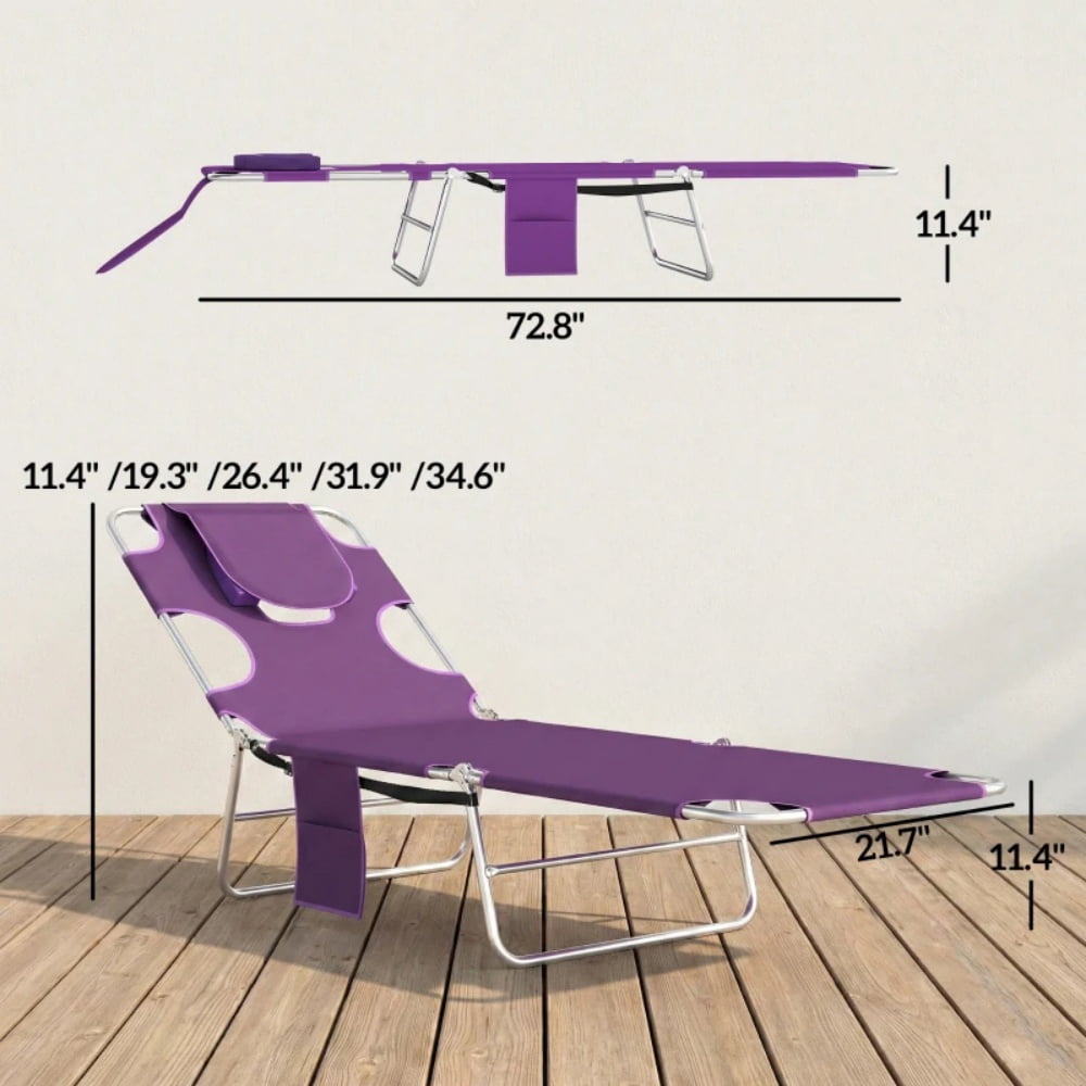Outdoor Folding Lounge Chair 5-Position Adjustable Backrest Face Cavity & Arm Slots Sunbathing Lounger with Side Pocket Carry Strap for Beach Pool Patio