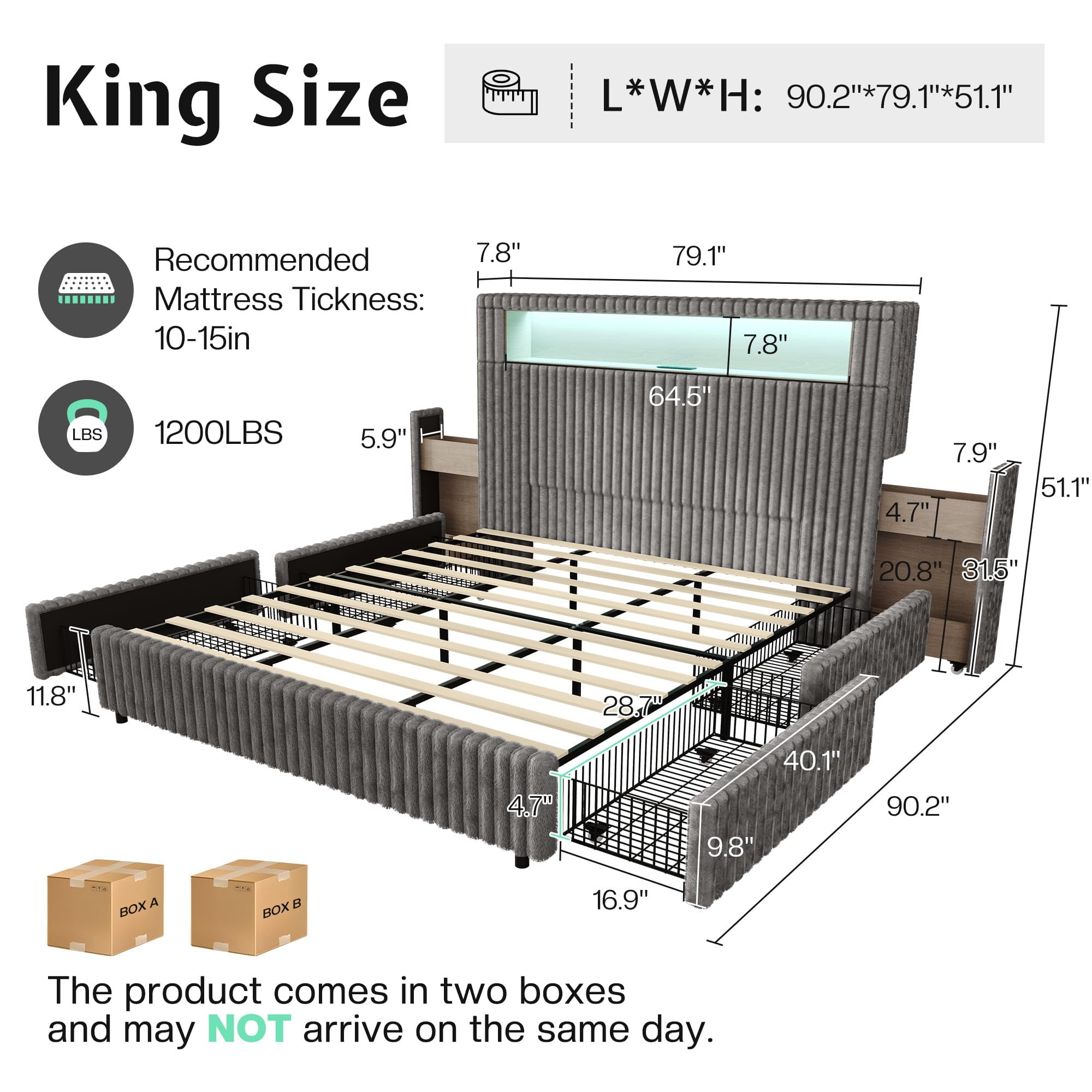 VanAcc King Size Storage Bed Frame with 51.2" Tall Upholstered Headboard, Built-in 6 Drawers & Bookcase, USB Ports & RGB LED Lights, Grey