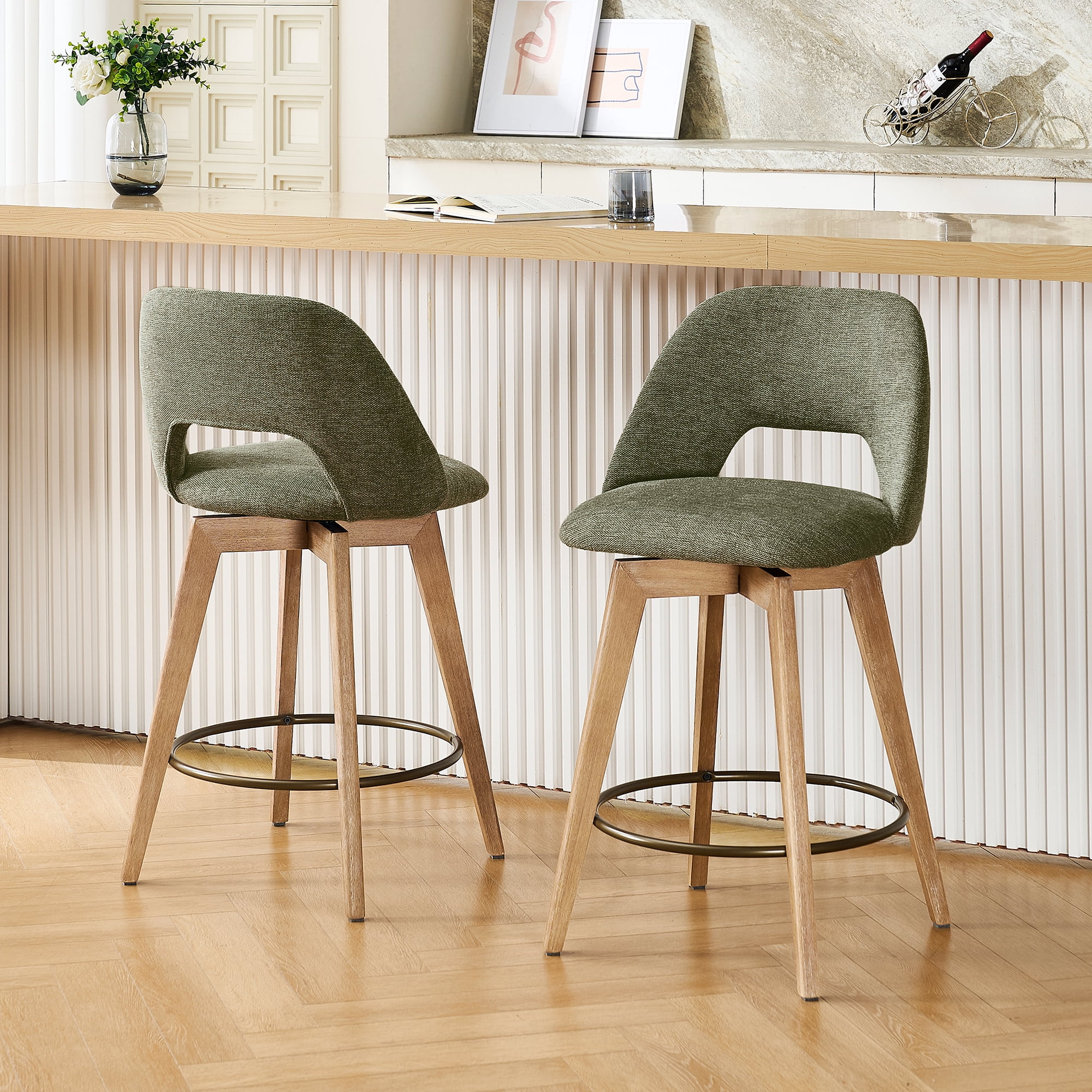 Zesthouse 26.8" Swivel Bar Stools Set of 2, Linen Upholstered Counter Height Stools with Open Back and Brushed Wooden Legs, Mid Century Barstools Kitchen Bar Chairs for 36"-39" Countertop, Green