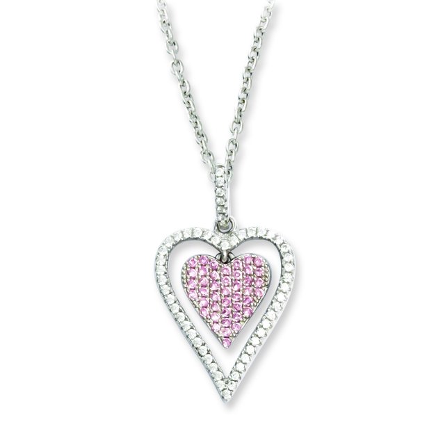 Sterling Silver & CZ Brilliant Embers Heart Necklace 18 Inch