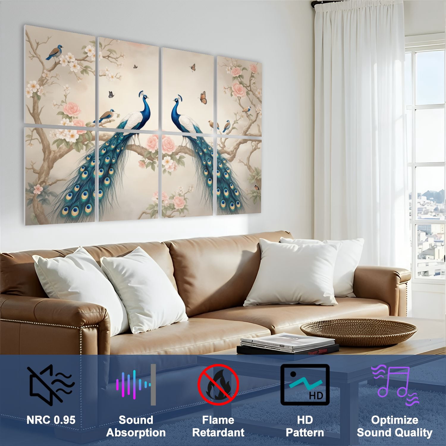 Vintage 8 Pack Art Acoustic Panels Sound Absorbing Peacock Birds Vibrant Feathers Floral Decorative Soundproof Wall Panels Self Adhesive for Nursery Game Room Bedroom 48"x32"