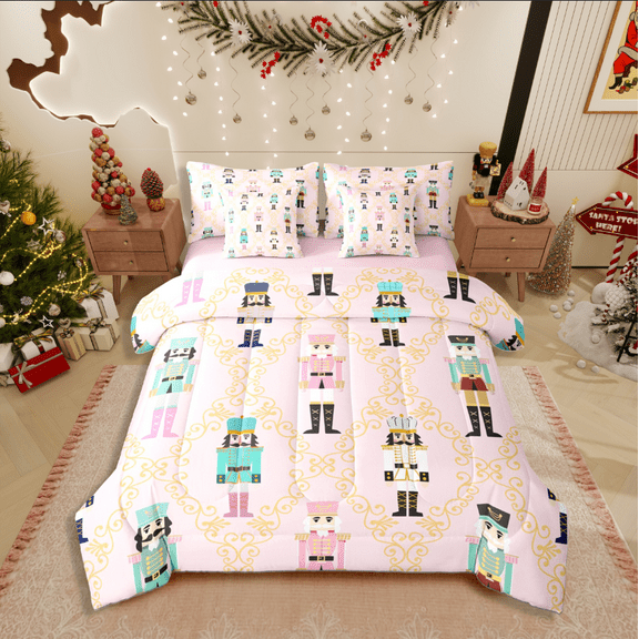 Castle Fairy Cartoon Nutcracker Girl 7-Piece Twin Bedding Sets,Geometric Plaid Bedding Comforter Set,Merry Christmas Breathable Sheet Sets,Breathable Home Decor