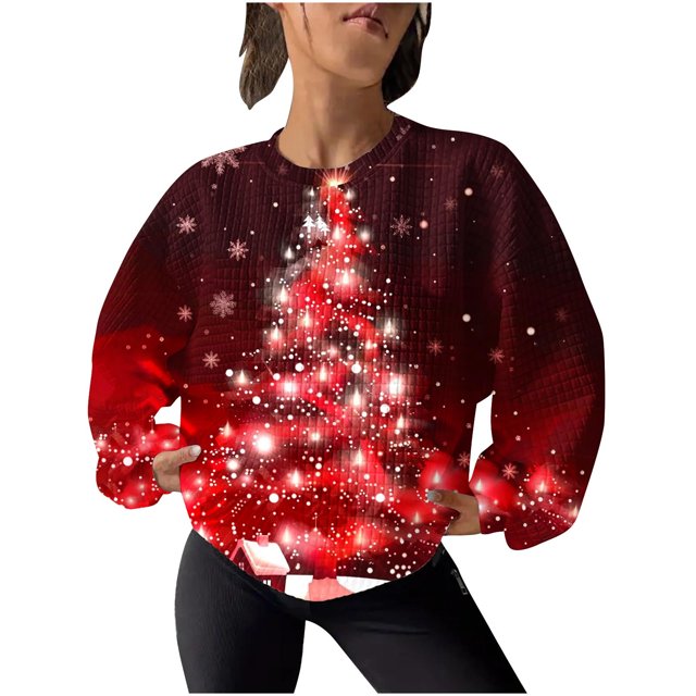 Rbaofujie Sweat à Capuche Oversize pour Femmes Mode de Noël Décontractée Imprimée Manches Longues Col Rond Rouge Halloween