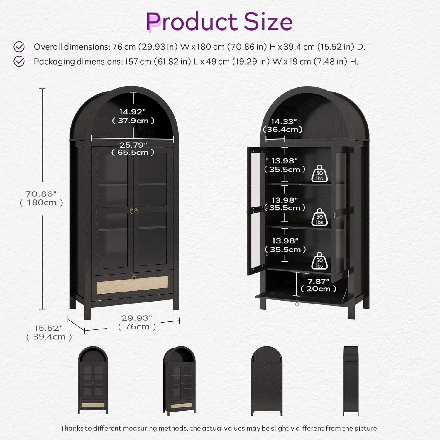 73" Tall Arched Pantry Cabinet with Innovative Drawer, Kitchen Cabinet with Anti-Tipping Device and Glass Door, Versatile Cupboard for Kitchen, Dining, Black