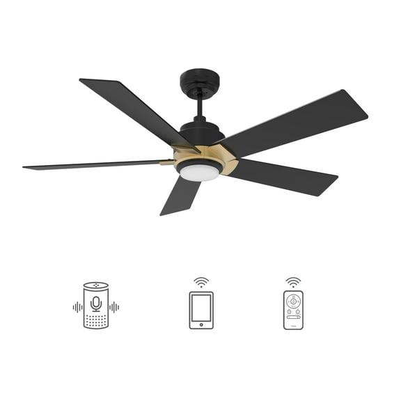52" 5 Baldes Smart Ceiling Fan with Remote and Dimmable Light Black/Gold for Indoor