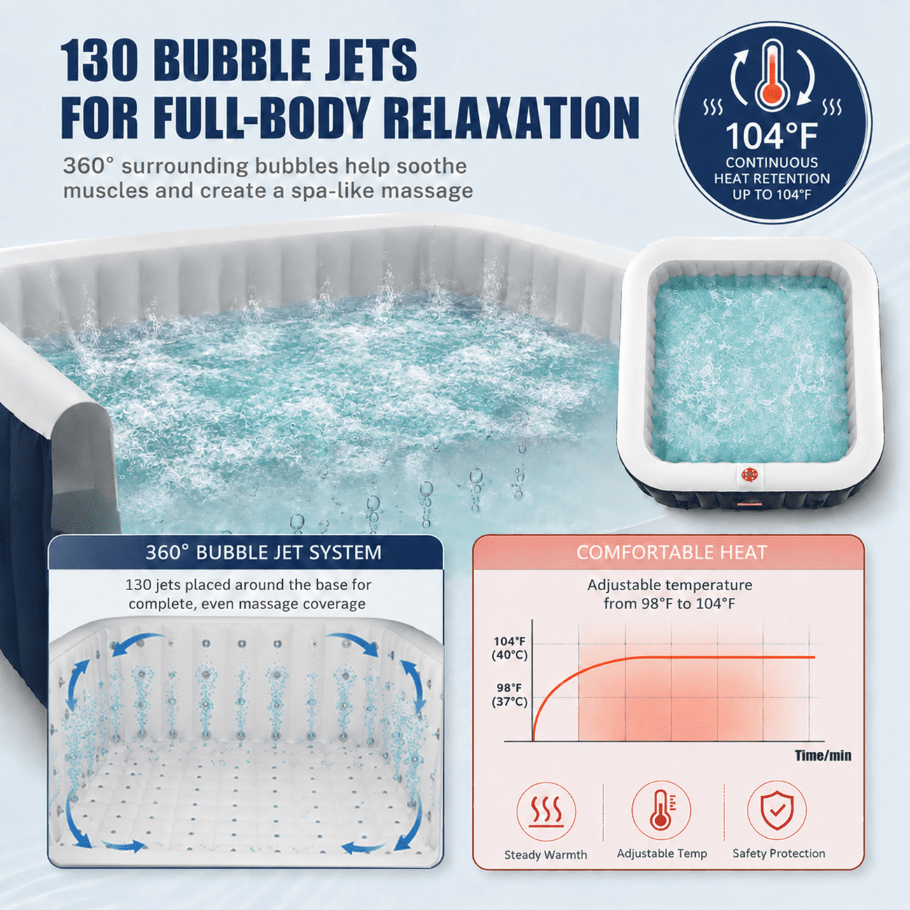 Seizeen Inflatable Hot Tub, 4-6 Person Hot Tub Set, 73'' Square Portable Home Spa w/130pcs Jet, Lockable Cover, Storage Bag, 2 Cup Holders, 4 Replacement Filter, 240gal