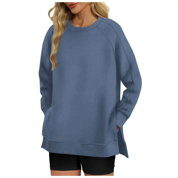 larppty Sweatshirt for Women Side Split Fall Fashion Long Sleeve Shirts Fall Outfits 2025 Fashion (Navy, XXL)