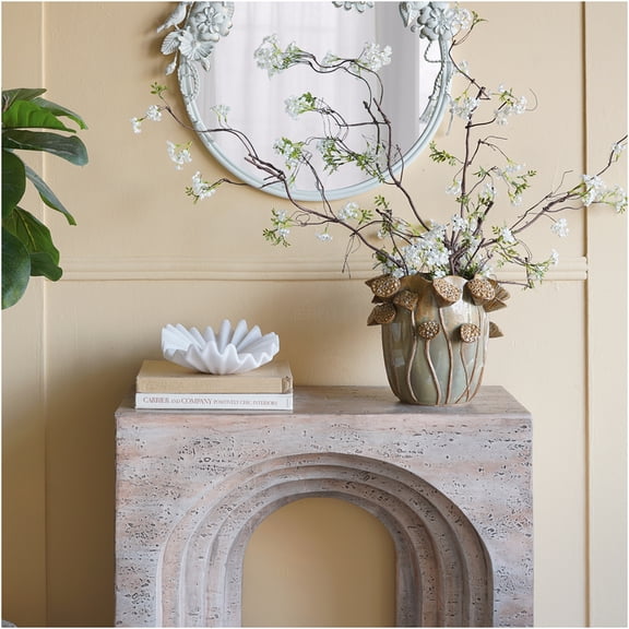 JERFIT Modern Arched Console Table, Beige Faux Travertine Sculptural Sofa Table for Entryway, 32.3" Hallway Accent Table with Roman Arch Design