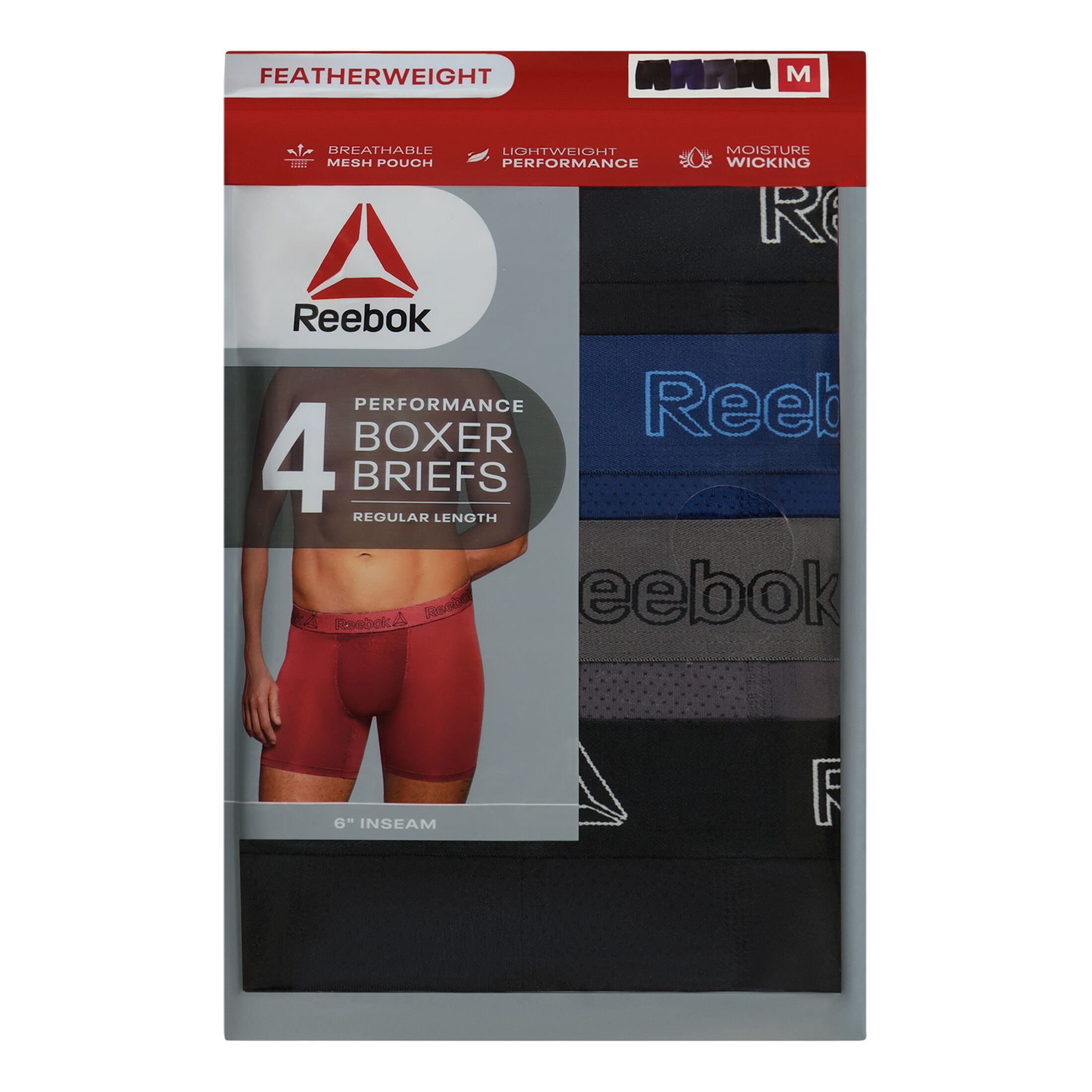 Reebok Men's Featherweight Performance Regular Leg Boxer Briefs, 4 pack Sizes S-XL