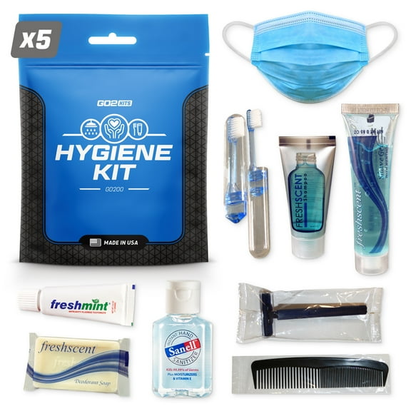 Go2Kits 5-Pack PPE Hygiene Toiletry Kits for Travel, Business, Charity, School for Men and Women