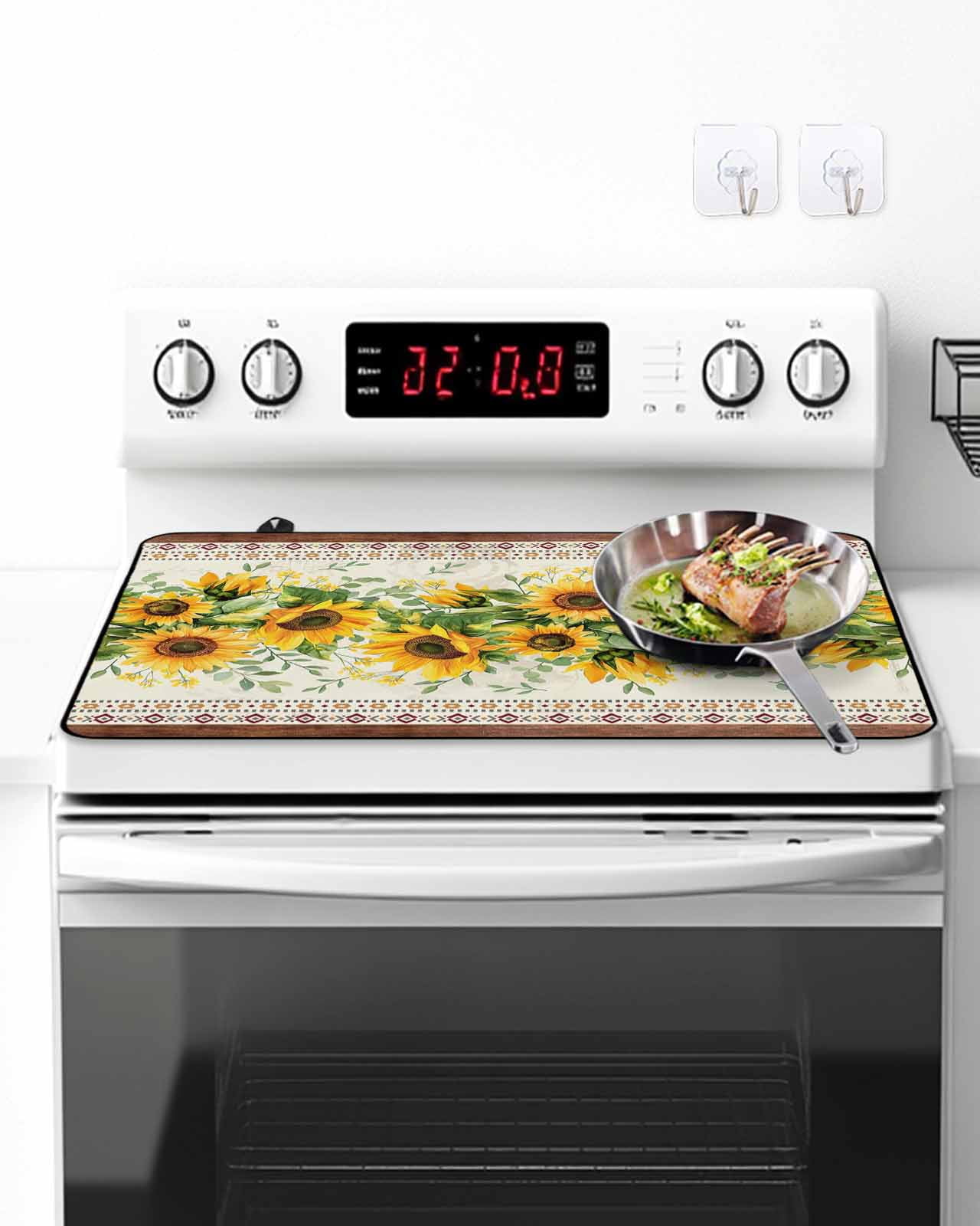 Stove Top Covers for Electric Stove, Sunflower Brown Glass Stovetop Cover Protector, Retro Southwest Country Plant Leaf Floral Induction Cooktop Protector Oven Mat for Kitchen Countertop 24"x21"