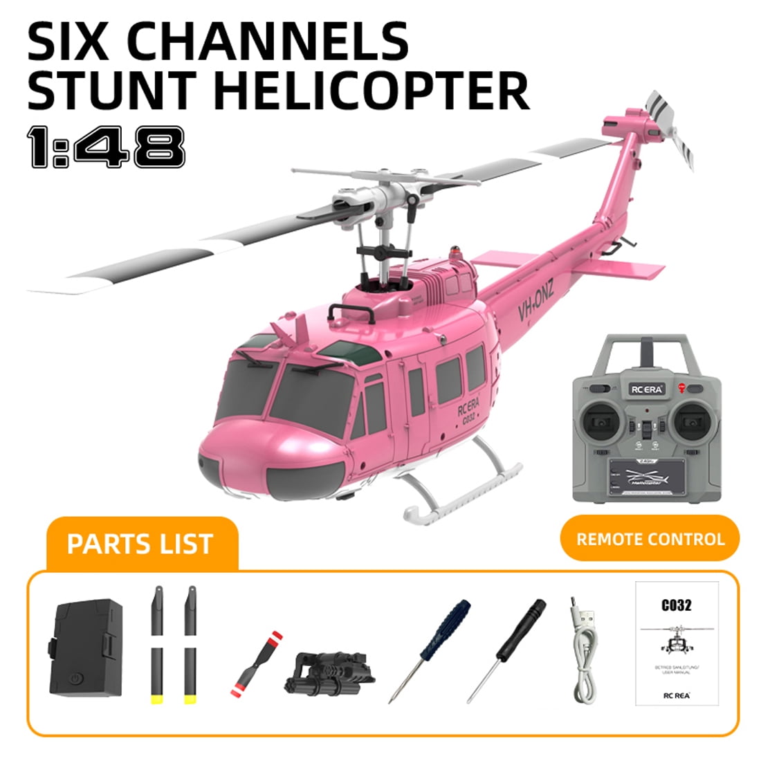 RC ERA C032 UH-1 Huey 6CH RC Helicopter for Adults, 1/48 Scale with 6-Axis Gyro, Altitude Hold & 3D Inverted Flight, 2.4G Remote Control, Ready to Fly Pink -1 battery