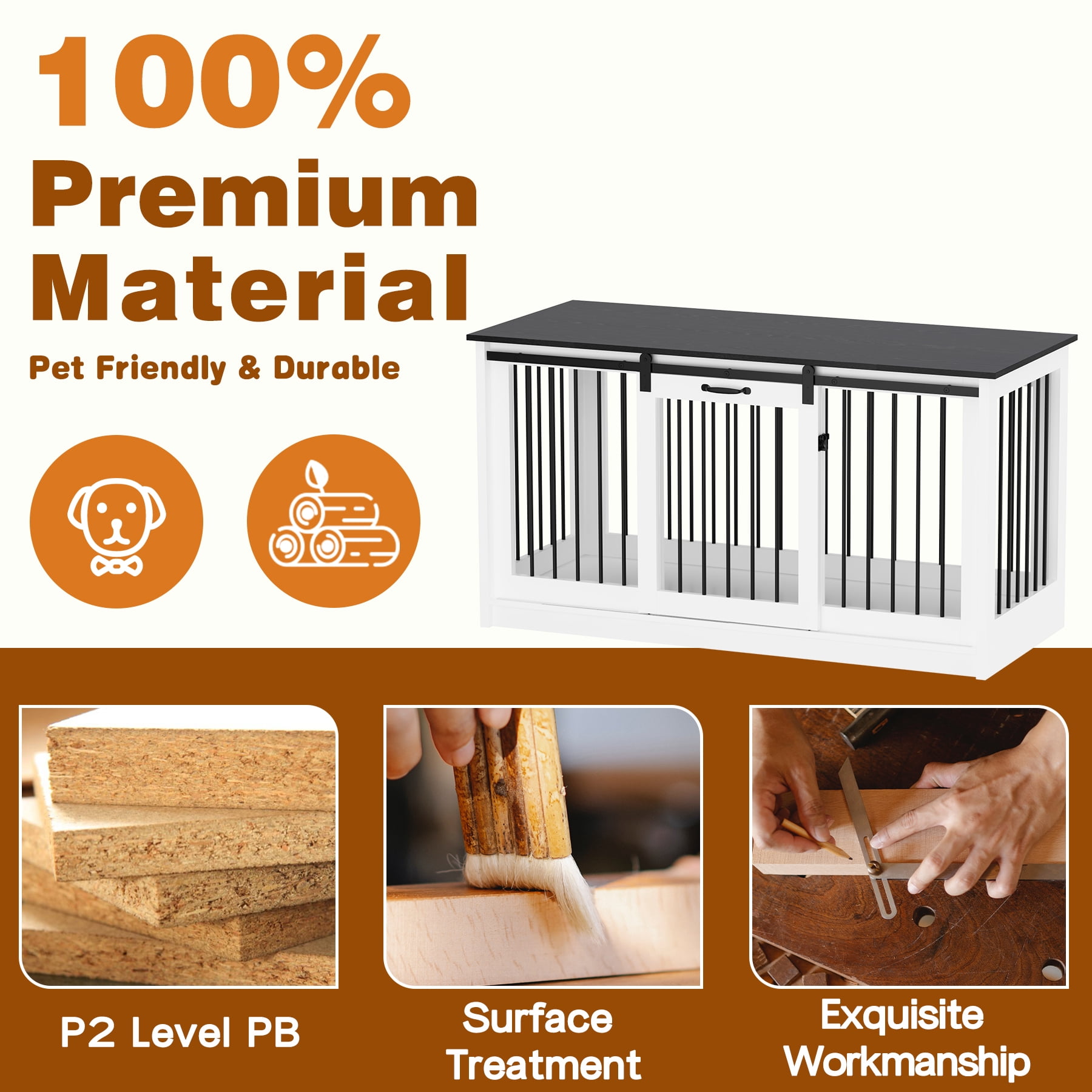 NARTRU 55.1" Dog Crate Kennel Cage Furniture with Sliding Door for Small, Medium and Large Dog, White