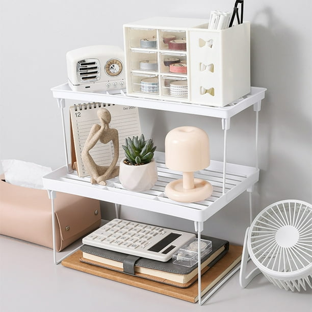 Rack de almacenamiento plegable de sobremesa | Stand y organizador de copas multiusos | Diseño de doble capa extensible plástico y metal | Blanco, 13,6x5,9x5,4 pulgadas, 12,4 x 7,7 x 6,3 pulgadas