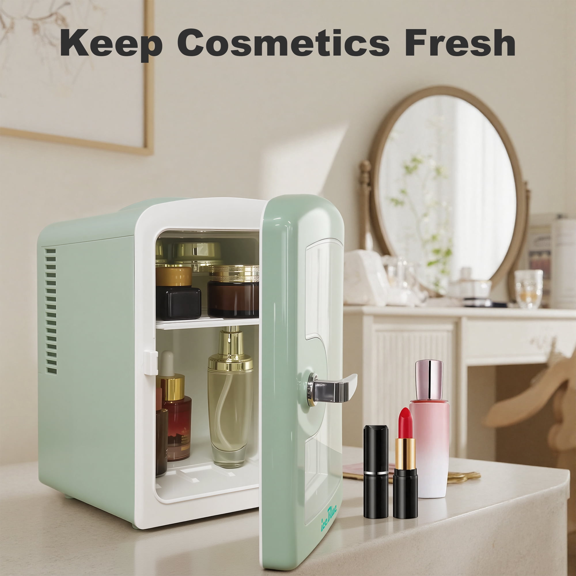 iceBlue 4L Mini Fridge for Cosmetics and Drinks, Car/Home Use (Green), Skincare Refrigerator, Transparent Window and Retro Chrome Handle
