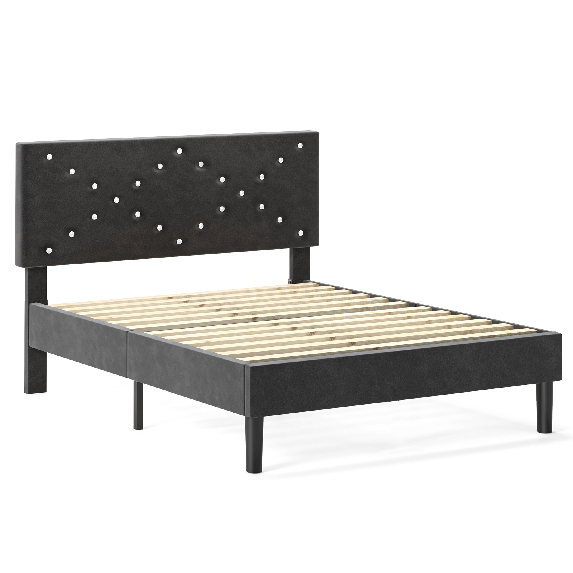 Full Size Bed Frame with Upholstered Headboard, Non-Slip and Noise-Free/Wooden Slats Support/No Box Spring Needed/Easy Assembly, Black
