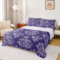 Manfei Victorian Flower Queen Sheet Sets,Vintage Damask Floral Flat Sheet,Purple White Queen Fitted Sheet For Men Women,,Lightweight Room Decorative,4-Piece