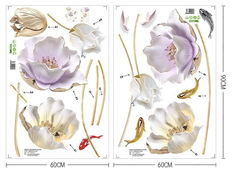 Watercolor Floral Wall Decals Large 3D Flower Wall Stickers Gold Tulip Floral Wall Art Decals for Living Room Bedroom TV Background Wall Decor