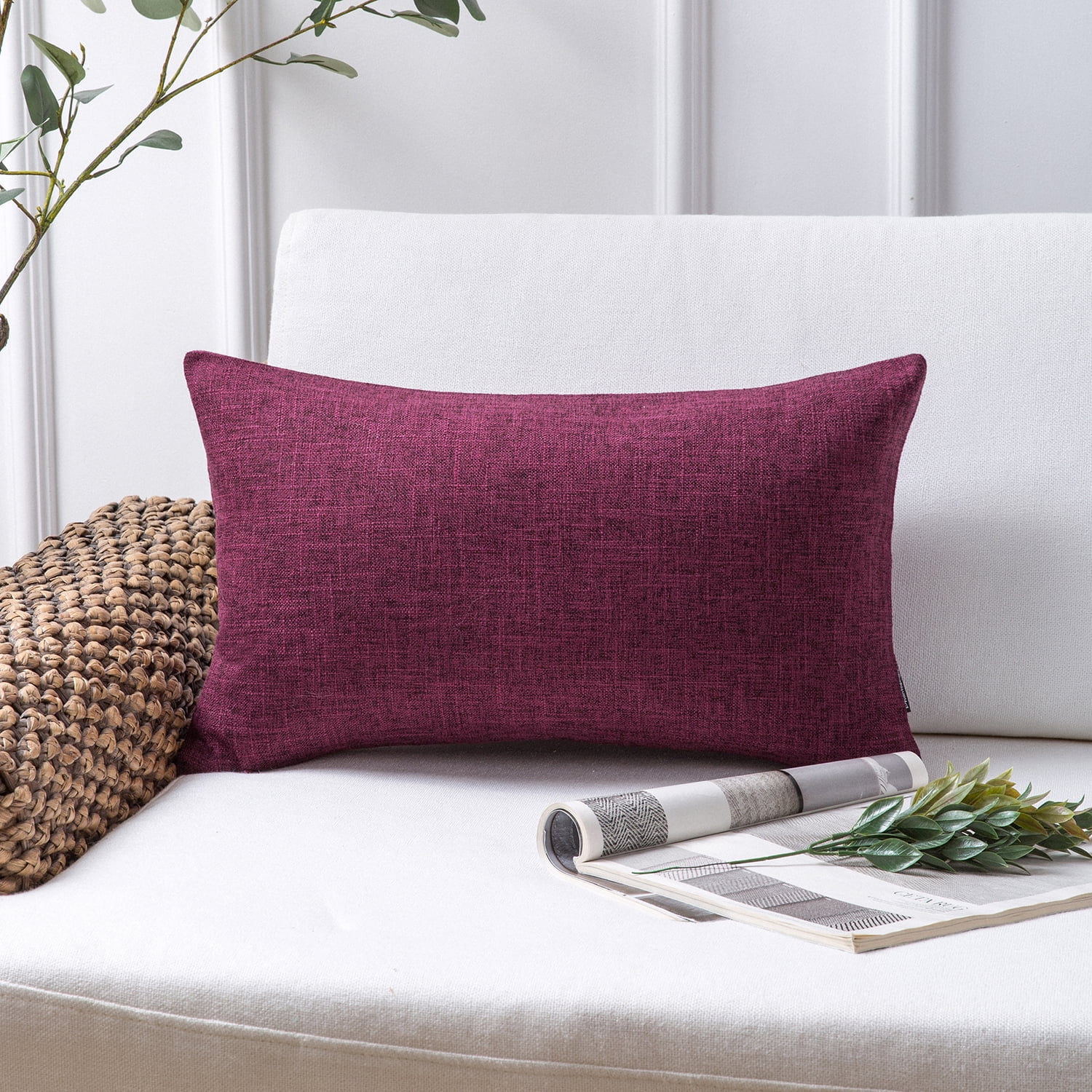 Phantoscope Linen-Look Decorative Throw Pillows with Inserts, 12 x 20 in, Dark Purple, 2 Pack