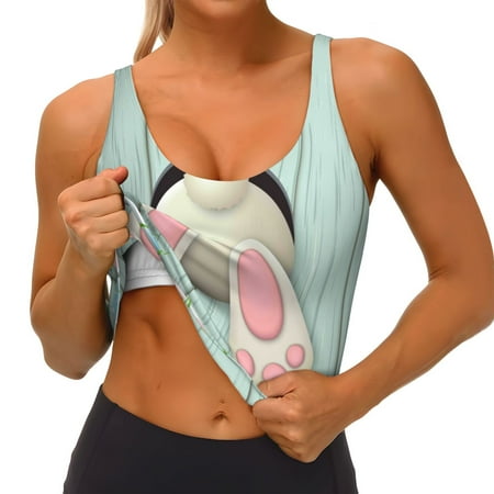 Qokaie White Bunny Bottom And Easter Eggs Pattern Womens Scoop Neck Sports Bra Breathable Workout Vest Padded U Back Medium Impact Fitness Gym Yoga Bra Workout Crop Top