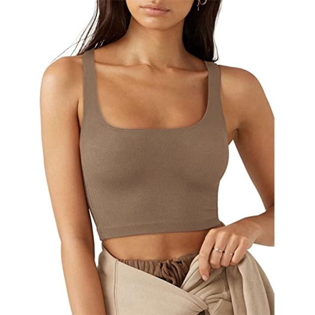 Camiseta Sin Mangas Corta Cuello Cuadrado Color Puro Cómodo Moda Transpirable Casual para Fiesta Compras Marrón L
