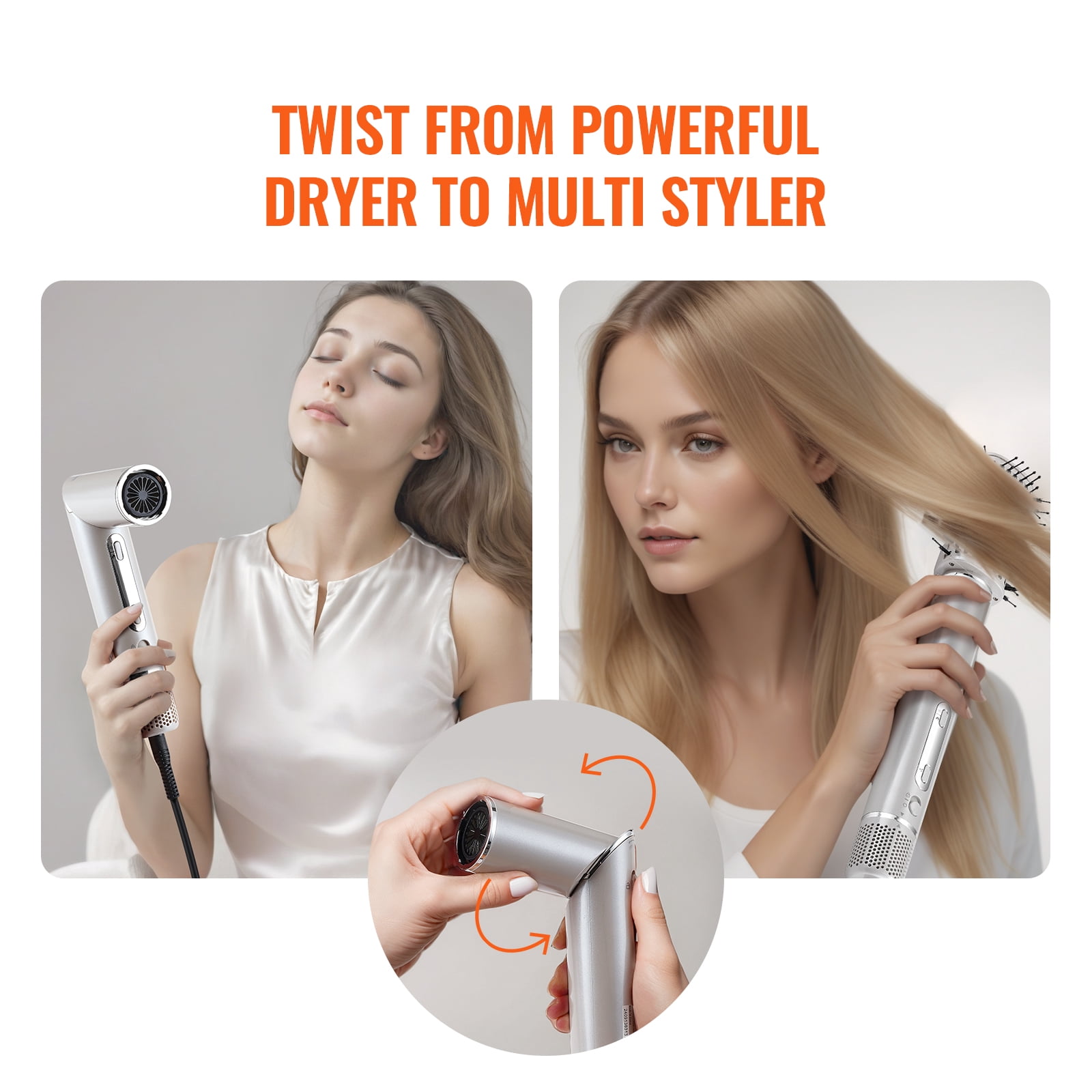 VEVOR Hair Styler Dryer Brush, 7-in-1 Professional Multi Styler, 110,000RPM High-Speed Hot Air Styler with Brushless Motor, 2 Auto-Wrap Curler, 3 Brushes & 3 Nozzle, 90° Folding Design